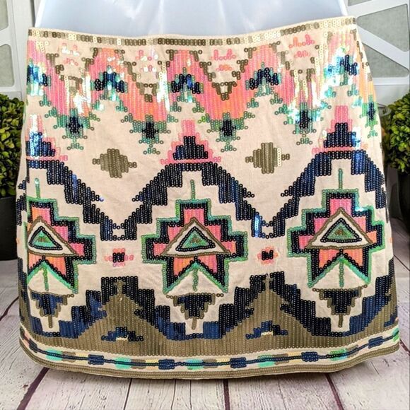 Express Aztec Sequin Embellished Fully Lined Mini Skirt - Picture 3 of 14